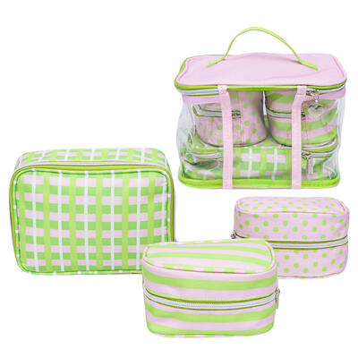 The Crème Shop Deluxe Travel Makeup Case - 4 Pieces - Pink And Green Design