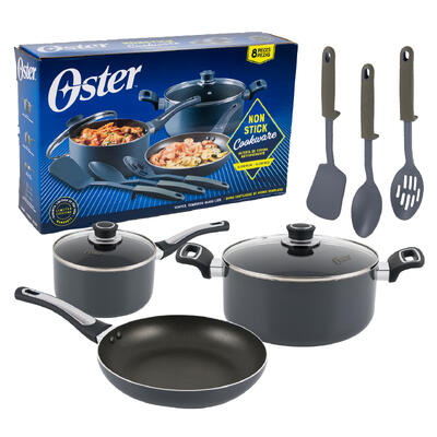 Oster Nonstick Cookware Set, Aluminum, 8 Pieces, Vented Tempered Glass Lids