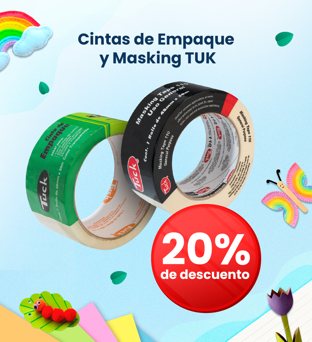 Two TUK packing and masking tape rolls with 20% discount red badge on colourful promotional background