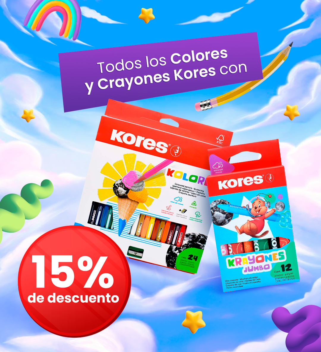 Colourful Kores crayon and coloured pencil packs with 15% discount badge against a whimsical sky background