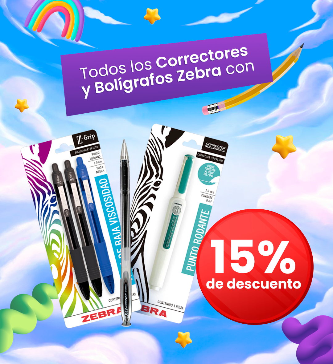 Colourful ad showing Zebra correction tapes and pens with a 15% discount badge on a cloudy sky background