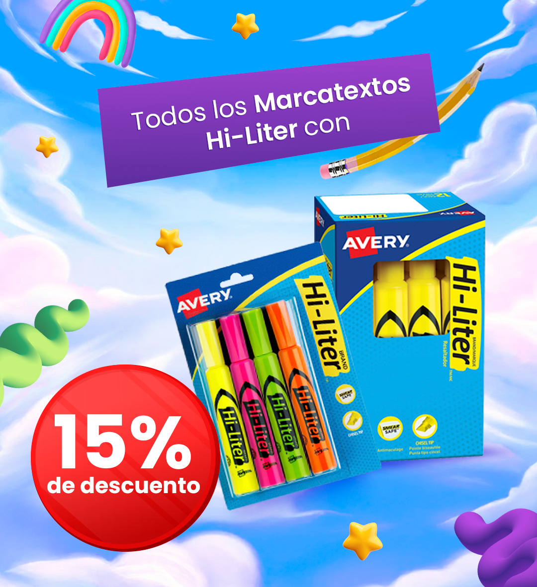 Avery Hi-Liter fluorescent highlighter packs in assorted colours with a prominent 15% discount badge on a bright sky background
