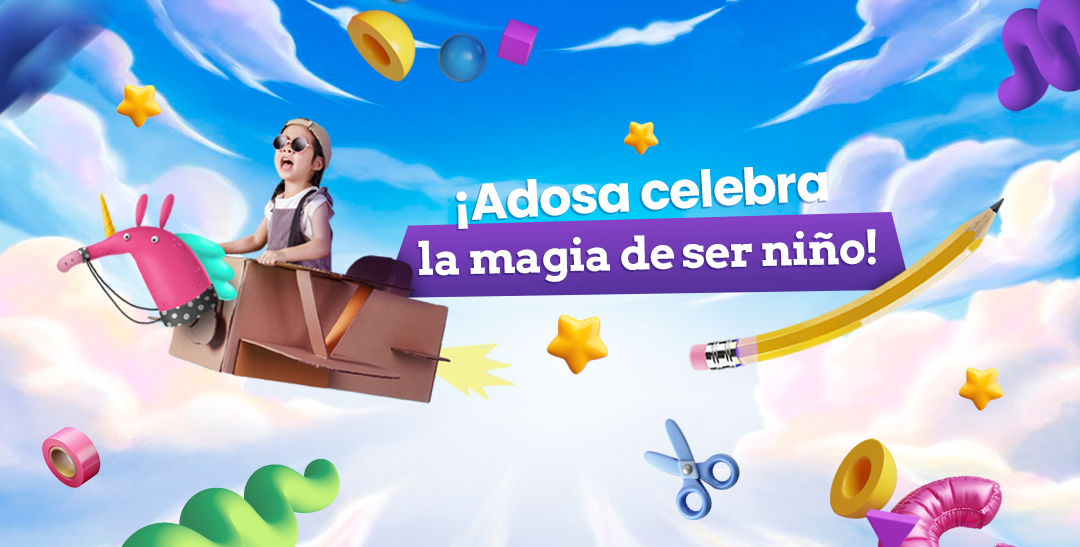 Child in a cardboard unicorn plane flying through colourful clouds with stars, pencil and craft toys, purple party banner