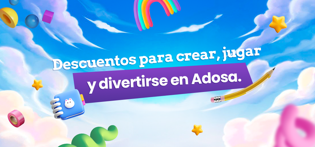 Colourful sky banner with floating pencil, rainbow, notebook and stars promoting discounts for creating, playing and having fun at Adosa