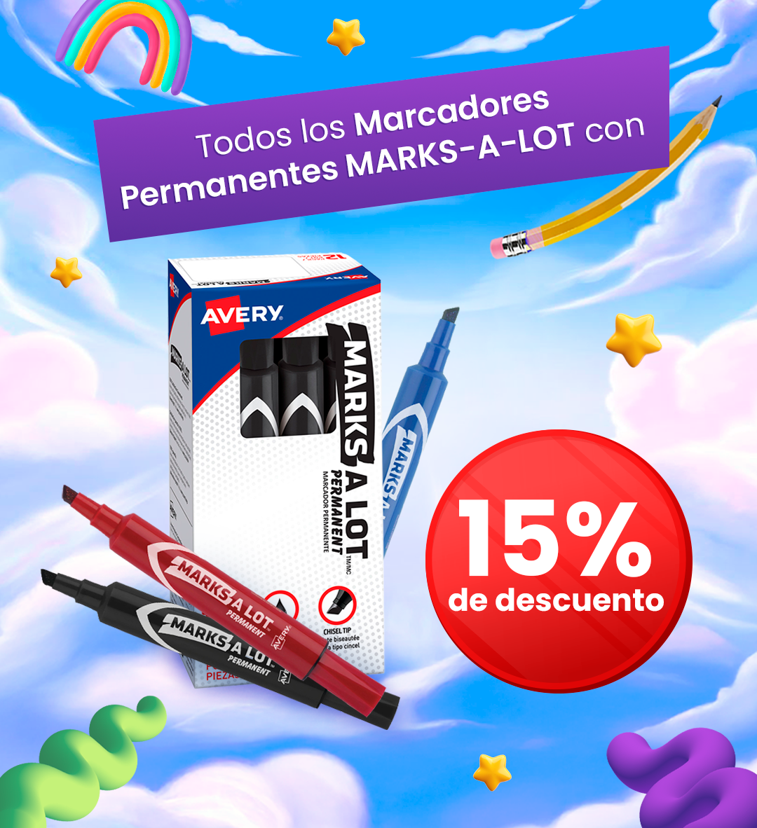 Avery Marks-A-Lot permanent markers pack with red, black and blue markers, 15% discount badge on a colourful cloud background