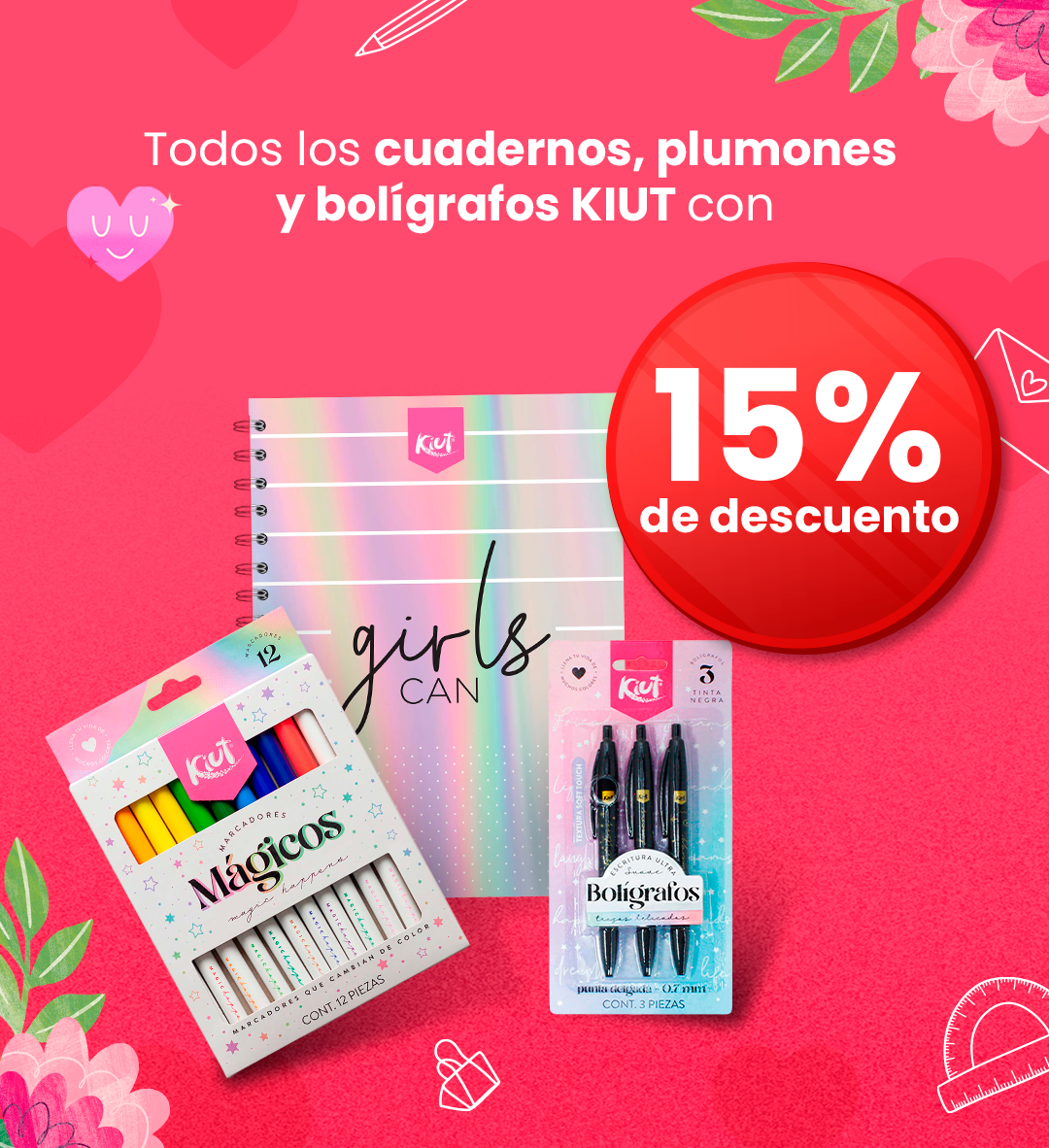 Pink promotional image showing KIUT notebook, coloured markers and pens with a 15% discount badge