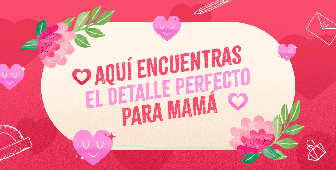 Pink Mother's Day banner reading "Here you'll find the perfect gift for mum", decorated with hearts, flowers and gift icons