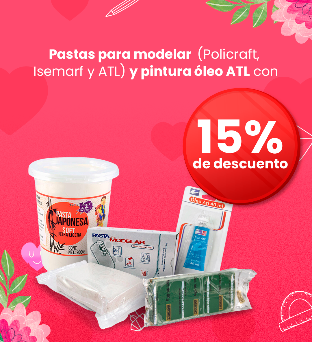 Selection of modelling pastes and 40ml ATL oil paint tube with red 15% discount badge on pink floral background