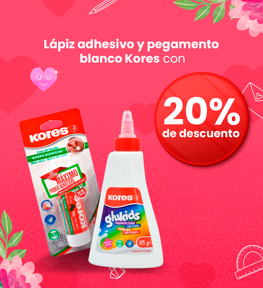 Two Kores white glues (adhesive stick and 125 g school glue bottle) on pink heart background with a prominent 20% discount badge