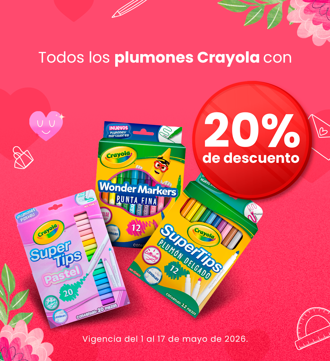 Crayola marker packs (Wonder Markers and Super Tips) on pink background with 20% off badge — promotion valid 1–17 May 2026