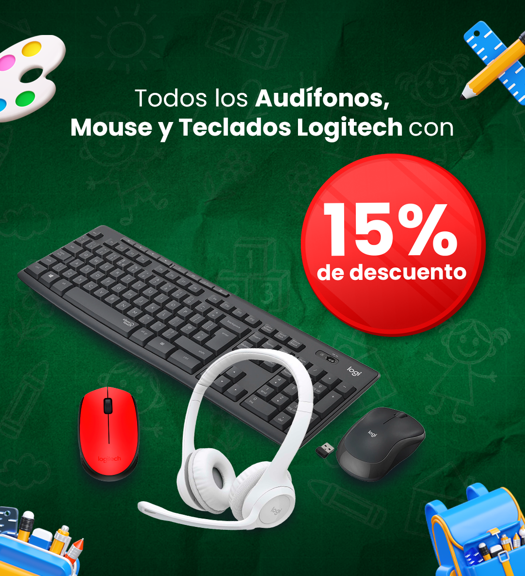 Logitech keyboard, wireless mice and white headset on green chalkboard background with red 15% discount badge