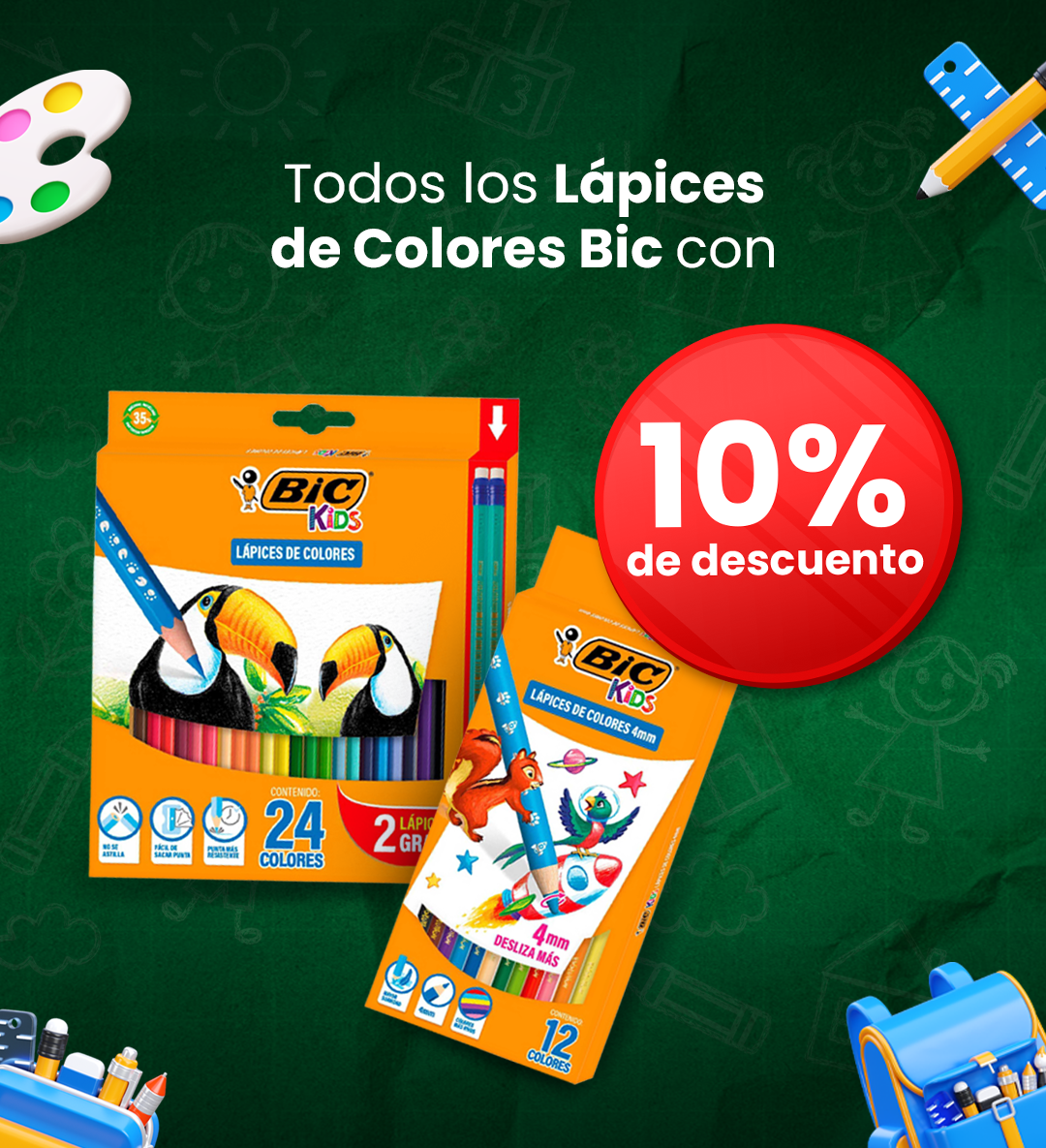 BIC Kids coloured pencils packs (24- and 12-colour) on chalkboard background with red "10%" discount badge