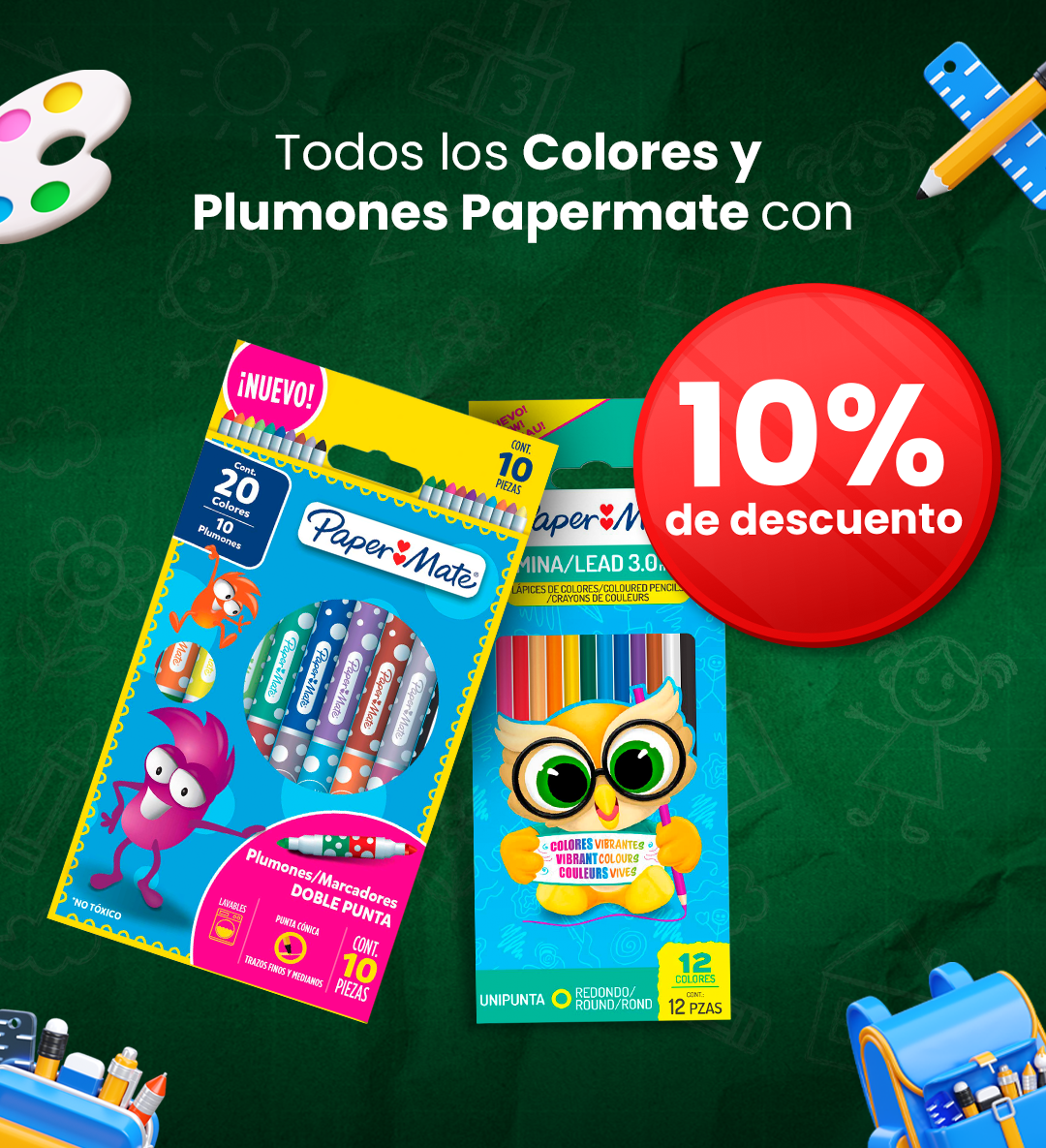 Paper Mate coloured markers and coloured pencils packs on a chalkboard background with a prominent 10% discount badge and school supplies