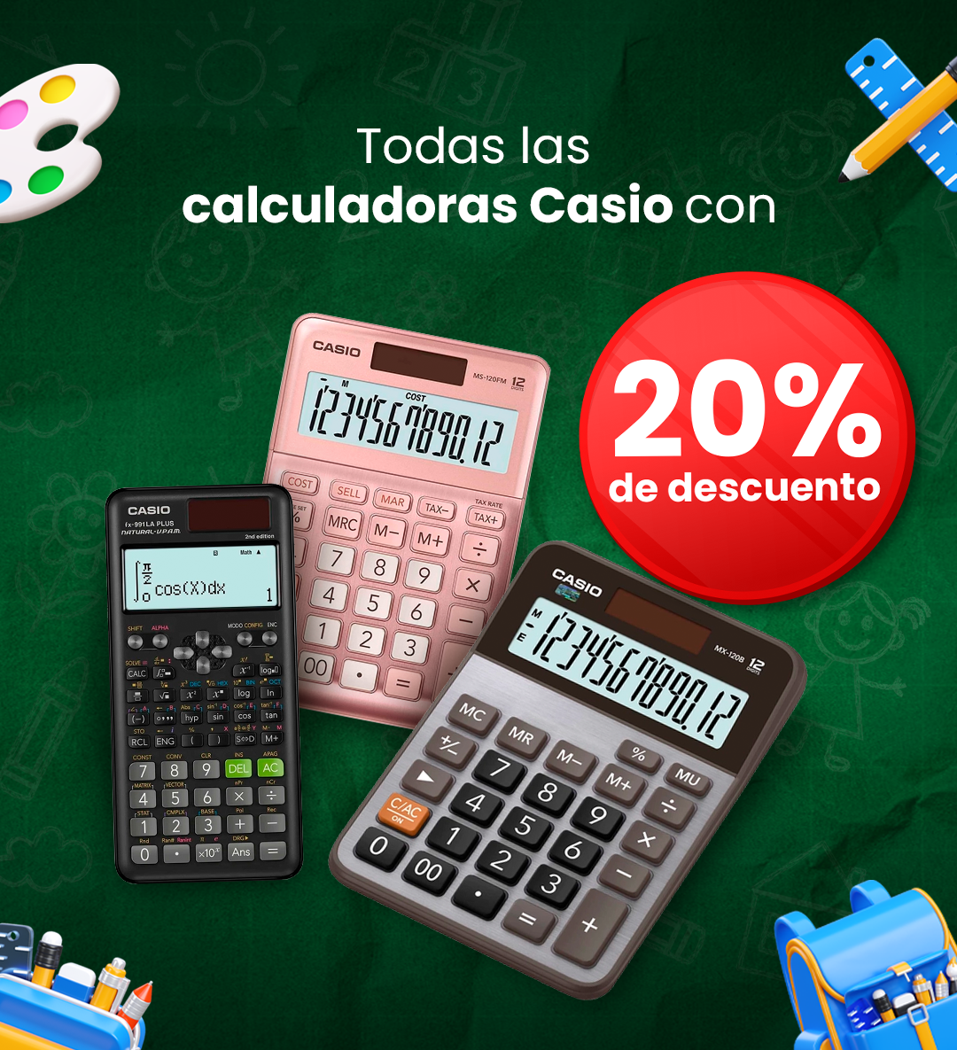 Three Casio calculators on a green chalkboard background with a red 20% discount badge and scattered school supplies
