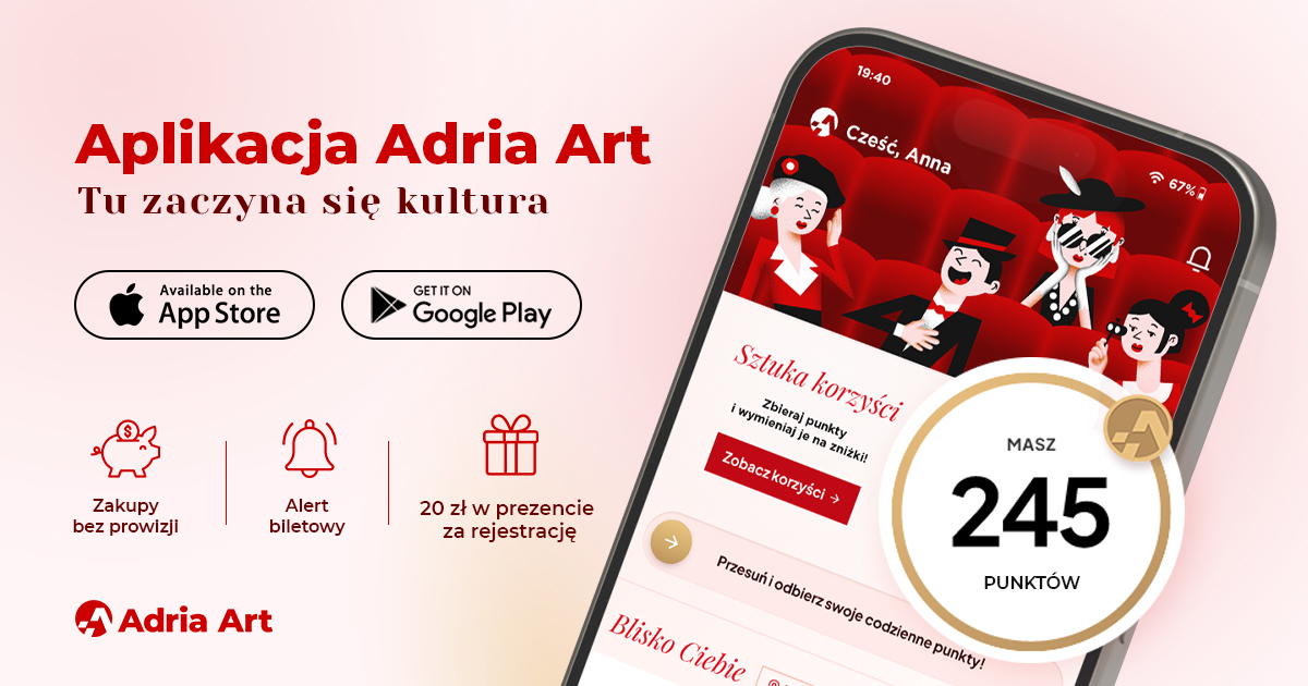 Promotional banner for Adria Art app showing smartphone with app interface (245 points), App Store and Google Play badges