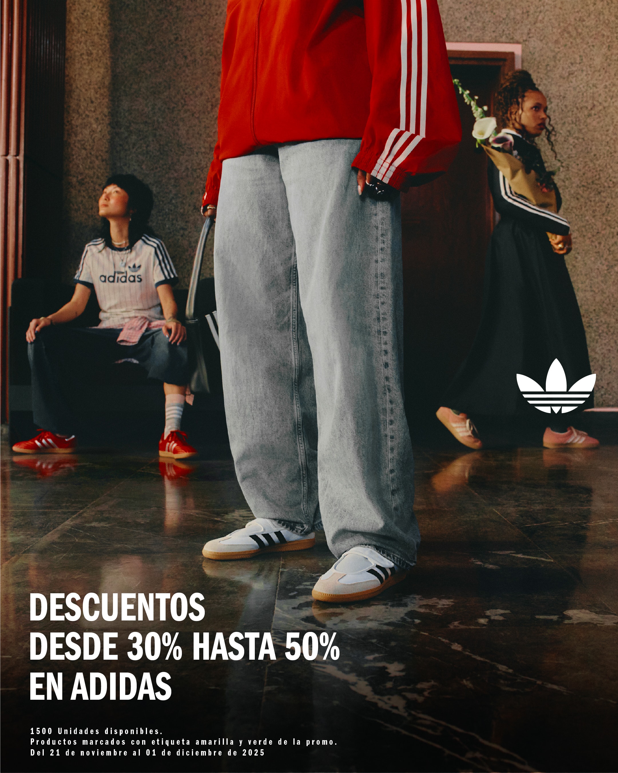 DESCUENTOS DESDE 30% HASTA 50% EN ADIDAS1500 Unidades disponibles. Productos marcados con etiqueta amarilla y verde de la promo.