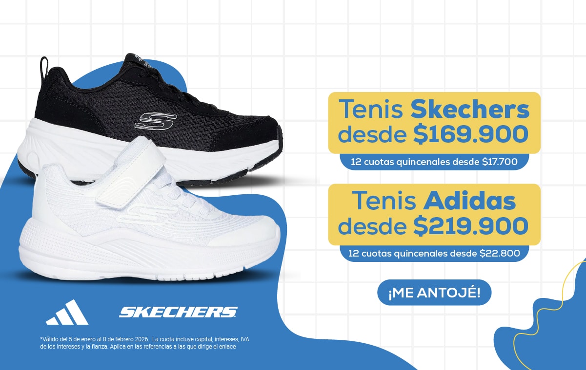 Tenis Skechers desde $169.900. 12 cuotas quincenales desde $17.700. Tenis Adidas desde $219.900. 12 cuotas quincenales desde $22.800. Skechers.