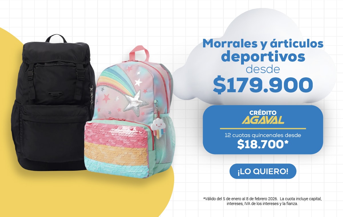 Morales y artículos deportivos desde $179.900
CRÉDITO AGAVAL
12 cuotas quincenales desde $18.700*