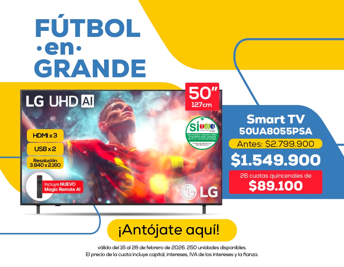 Del 16 al 28 de febrero 2026SamsungSmart TV UN75U8200FKXZLAntes: $5.299.900$2.899.90038 cuotas quincenales de $114.200HDMI x 2USB x 1Resolución 3.840 x 2.160¡Llévatelo aquí!70 unidades disponibles.