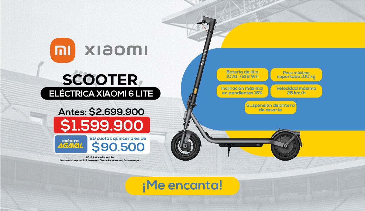 SCOOTER ELÉCTRICA XIAOMI 6 LITE Antes: $2.699.900 $1.599.900 CRÉDITO AGAVAL 26 cuotas quincenales de $90.500 Batería de litio 10 Ah /216 Wh Peso máximo soportado 100 kg Inclinación máxima en pendientes 15% Velocidad máxima 25 km/h Suspensión delantera de resorte ¡Me encanta!