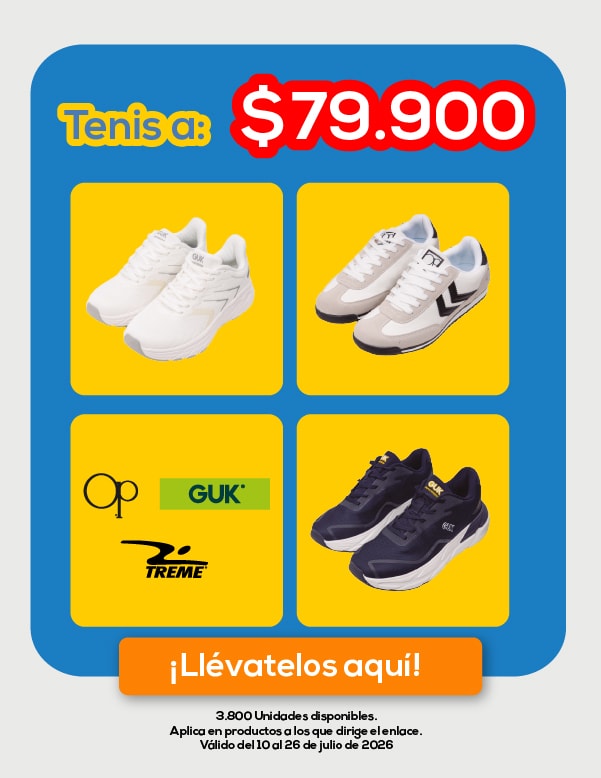 Tenis a: $79.900 Op Guk Treme ¡Llévatelos aquí! 3.800 Unidades disponibles. Aplica en productos a los que dirige enlace. Válido del 10 al 26 de julio de 2026.