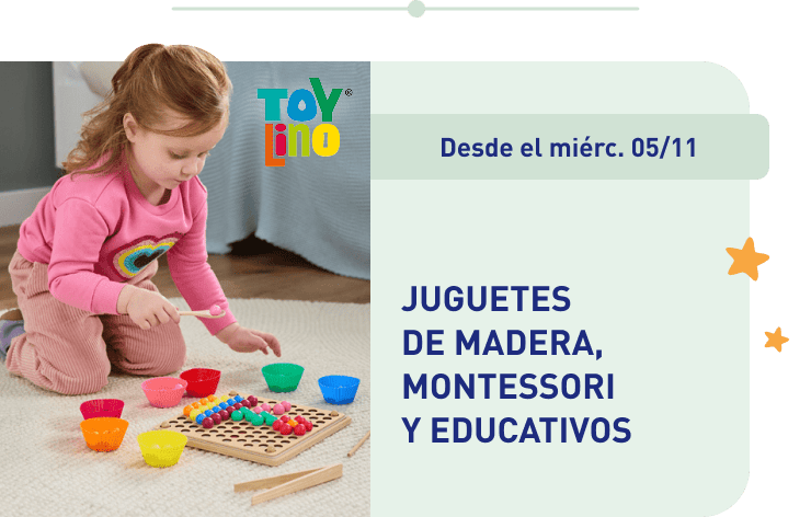 Niña jugando con juguetes de madera de colores sobre una alfombra. Texto: Juguetes de madera, Montessori y educativos, disponibles desde el miércoles 05/11.