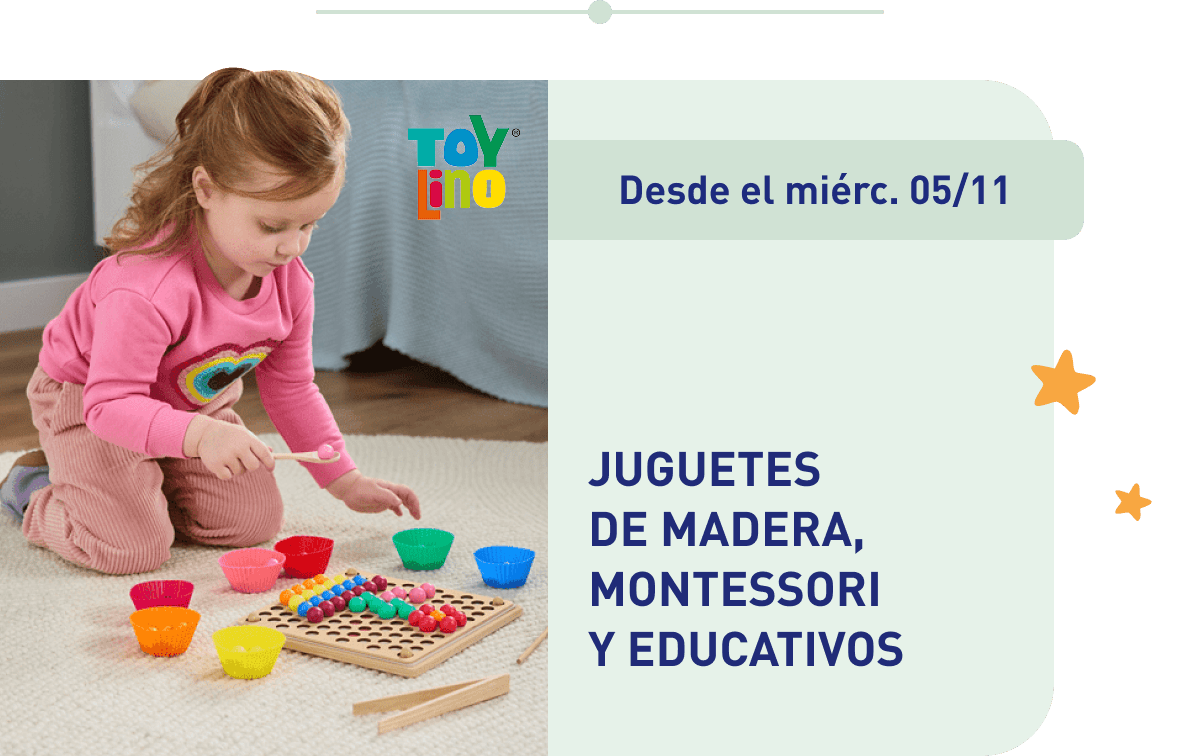 Niña jugando con juguetes de madera de colores sobre una alfombra. Texto: Juguetes de madera, Montessori y educativos, disponibles desde el miércoles 05/11.
