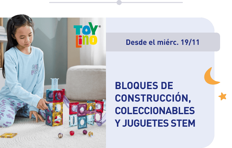 Niña jugando con bloques magnéticos de colores en el suelo. Texto: Bloques de construcción, coleccionables y juguetes STEM, disponibles desde el miércoles 19/11.