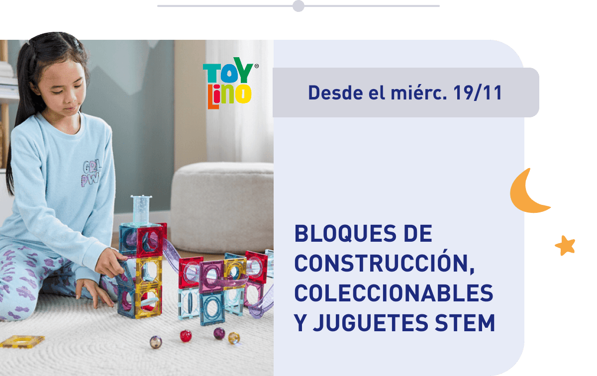 Niña jugando con bloques magnéticos de colores en el suelo. Texto: Bloques de construcción, coleccionables y juguetes STEM, disponibles desde el miércoles 19/11.