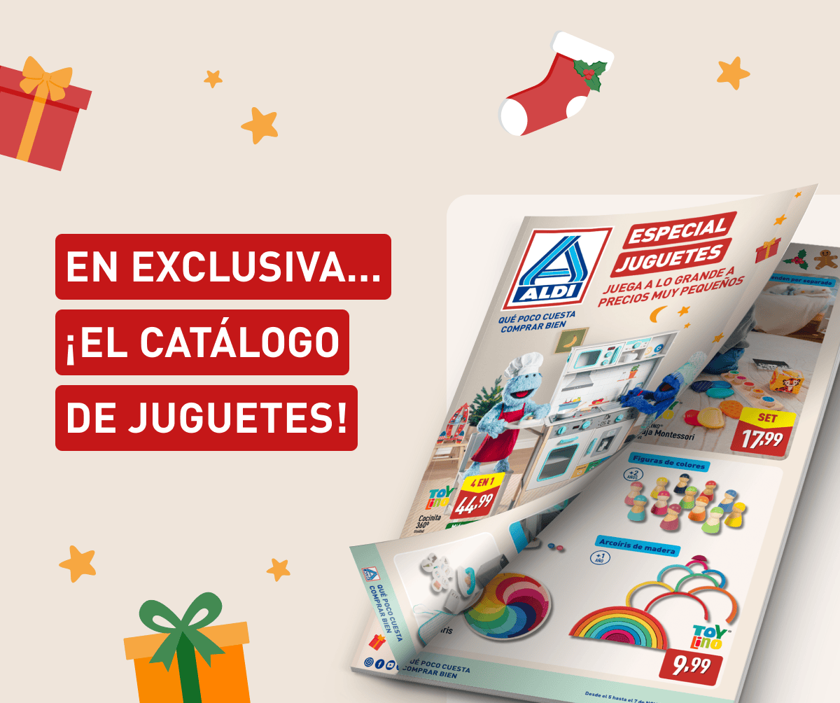 Catálogo de juguetes de ALDI con portada abierta mostrando productos y precios. Fondo con decoraciones navideñas y texto en rojo: En exclusiva, ¡el catálogo de juguetes!
