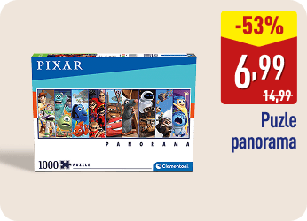 Caja de puzle panorámico de Pixar con imágenes de personajes de sus películas. En la imagen aparece el texto -53%, el precio 6,99 € (antes 14,99 €) y la descripción Puzle panorama.