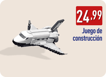 Juego de construcción con una nave espacial blanca y negra montada con piezas tipo bloque. En la imagen aparece el precio 24,99 € y el texto Juego de construcción.
