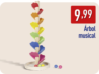 Árbol musical de madera con hojas de colores y bolas en la base. En la imagen aparece el precio 9,99 € y el texto Árbol musical.