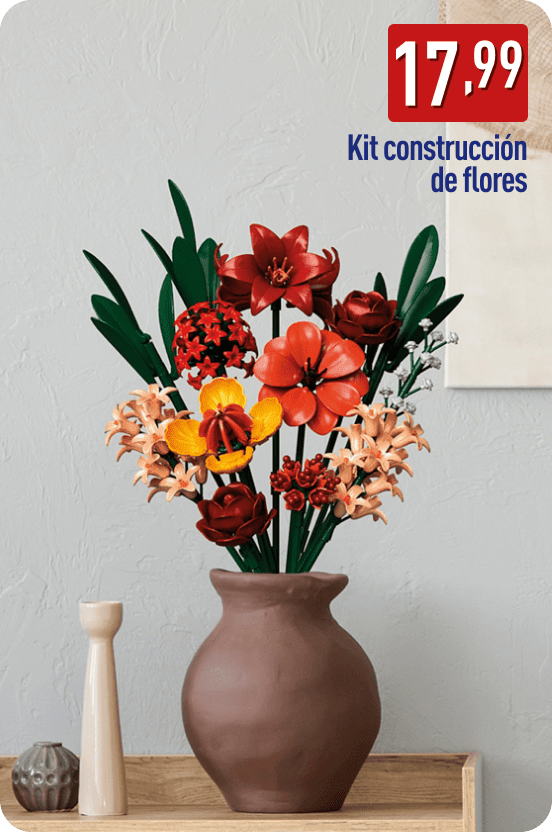 Ramo de flores de colores construido con piezas tipo bloque dentro de un jarrón marrón. En la imagen aparece el precio 17,99 € y el texto Kit construcción de flores.