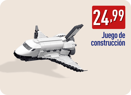 Juego de construcción con una nave espacial blanca y negra montada con piezas tipo bloque. En la imagen aparece el precio 24,99 € y el texto Juego de construcción.
