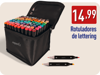 Estuche negro con rotuladores de colores para lettering y dos rotuladores dobles mostrados fuera del estuche. En la imagen aparece el precio 14,99 € y el texto Rotuladores de lettering.