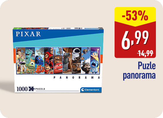 Caja de puzle panorámico de Pixar con imágenes de personajes de sus películas. En la imagen aparece el texto -53%, el precio 6,99 € (antes 14,99 €) y la descripción Puzle panorama.