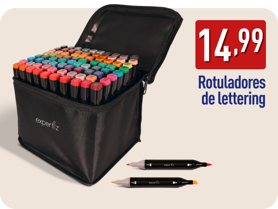Estuche negro con rotuladores de colores para lettering y dos rotuladores dobles mostrados fuera del estuche. En la imagen aparece el precio 14,99 € y el texto Rotuladores de lettering.