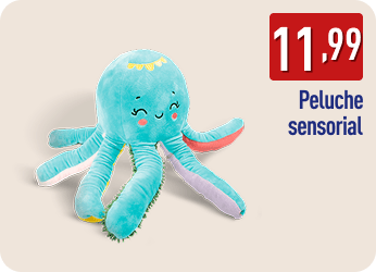 Peluche sensorial con forma de pulpo azul y tentáculos de colores. En la imagen aparece el precio 11,99 € y el texto Peluche sensorial.