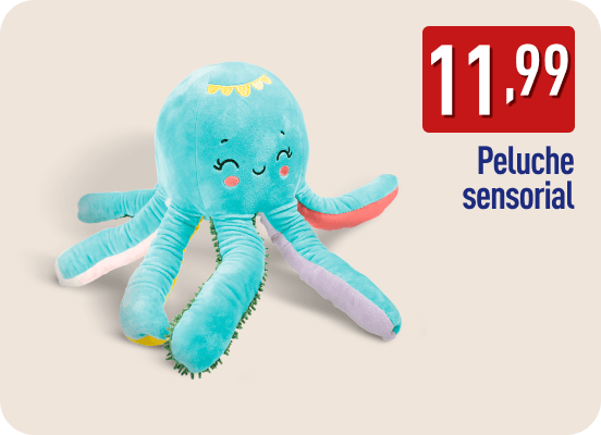 Peluche sensorial con forma de pulpo azul y tentáculos de colores. En la imagen aparece el precio 11,99 € y el texto Peluche sensorial.