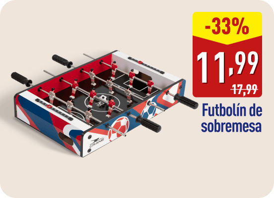 Futbolín de sobremesa con diseño en rojo, azul y blanco. En la imagen aparece el texto -33%, el precio 11,99 € (antes 17,99 €) y la descripción Futbolín de sobremesa.