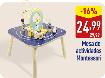 Mesa de actividades Montessori de madera con piezas y circuitos de bolas de colores. En la imagen aparece el texto -16%, el precio 24,99 € (antes 29,99 €) y la descripción Mesa de actividades Montessori.