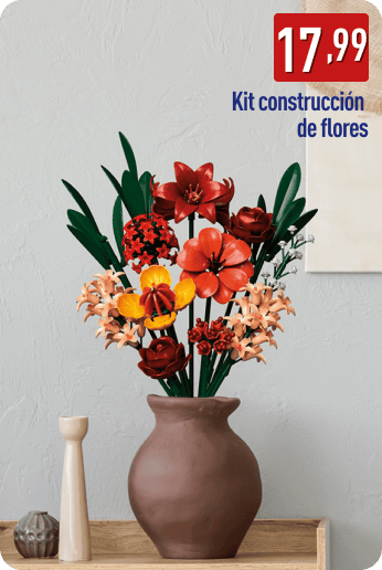 Ramo de flores de colores construido con piezas tipo bloque dentro de un jarrón marrón. En la imagen aparece el precio 17,99 € y el texto Kit construcción de flores.