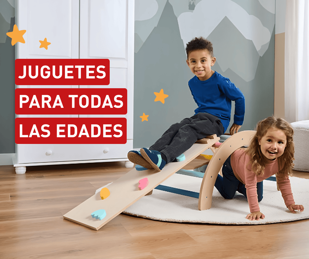 Niño y niña jugando en una rampa de madera dentro de una habitación infantil. Texto en la imagen: Juguetes para todas las edades.