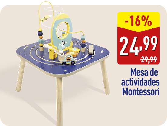 Mesa de actividades Montessori de madera con piezas y circuitos de bolas de colores. En la imagen aparece el texto -16%, el precio 24,99 € (antes 29,99 €) y la descripción Mesa de actividades Montessori.