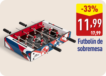 Futbolín de sobremesa con diseño en rojo, azul y blanco. En la imagen aparece el texto -33%, el precio 11,99 € (antes 17,99 €) y la descripción Futbolín de sobremesa.