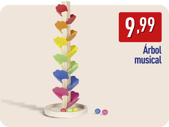 Árbol musical de madera con hojas de colores y bolas en la base. En la imagen aparece el precio 9,99 € y el texto Árbol musical.