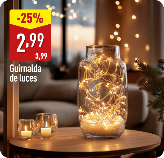 Jarrón de cristal con guirnalda de luces encendidas sobre una mesa junto a dos portavelas. A la izquierda, el precio 2,99 € y texto: Guirnalda de luces, con descuento del 25 %.