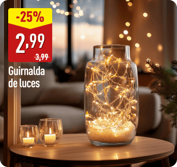 Jarrón de cristal con guirnalda de luces encendidas sobre una mesa junto a dos portavelas. A la izquierda, el precio 2,99 € y texto: Guirnalda de luces, con descuento del 25 %.