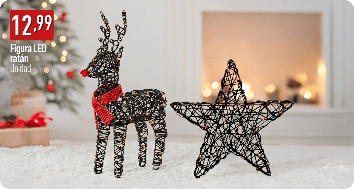 Figura decorativa de reno y estrella de ratán con luces LED sobre fondo navideño. A la izquierda, el precio 12,99 € y texto: Figura LED ratán, unidad.